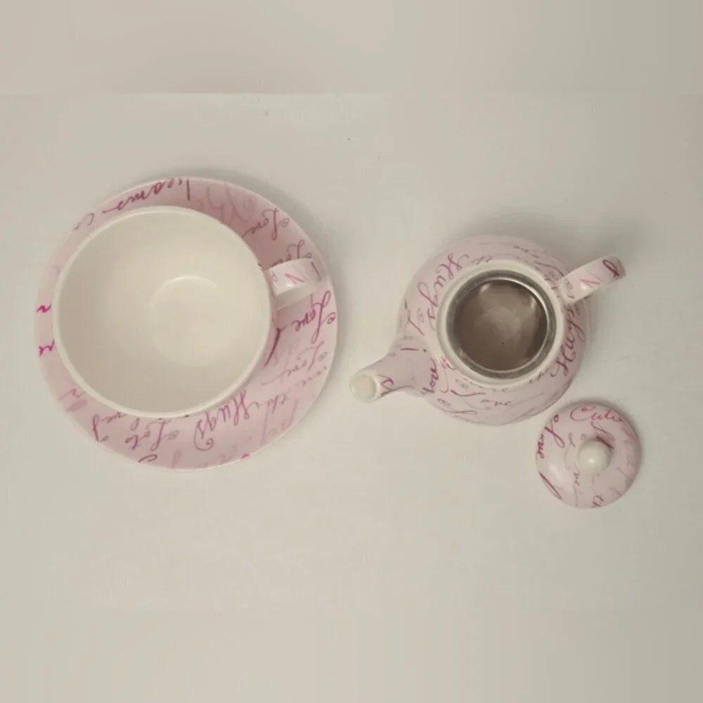 Tea For One Teapot Cup Saucer Set Pink Script Romantic Gift Set